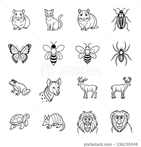 Diverse animal collection featuring mammals insects reptiles and amphibians line art Diverse animal collection featuring mammals insects reptiles and amphibians line art 136230248