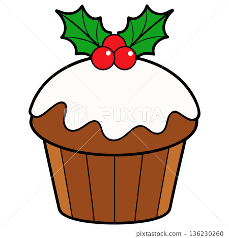 Festive Christmas cupcake with holly decoration for holiday designs art 136230260