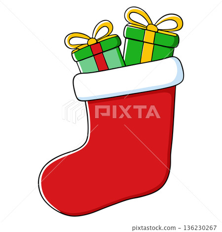 Festive Christmas Stocking Filled with Gifts Isolated on White Background Festive Christmas Stocking Filled with Gifts Isolated on White Background 136230267