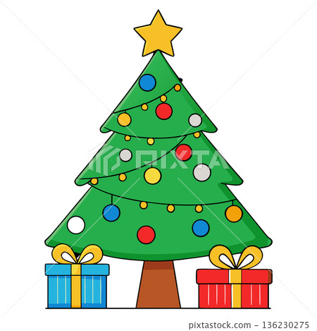 Festive Christmas Tree with Colorful Ornaments and Presents Underneath Festive Christmas Tree with Colorful Ornaments and Presents Underneath 136230275