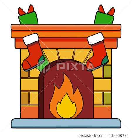Festive fireplace with stockings and presents decoration for winter holiday Festive fireplace with stockings and presents decoration for winter holiday 136230281