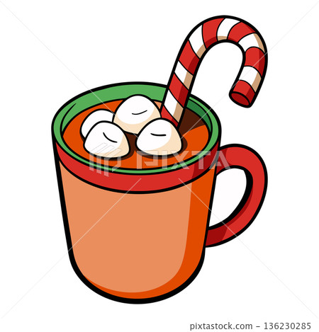 Festive hot chocolate mug with marshmallows and candy cane illustration Festive hot chocolate mug with marshmallows and candy cane illustration 136230285