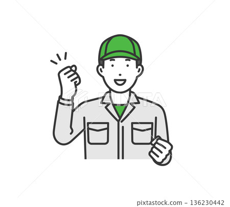 Fist pump, work clothes man with hat Fist pump, work clothes man with hat 136230442