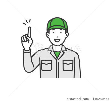 Pointing, work clothes man with hat Pointing, work clothes man with hat 136230444
