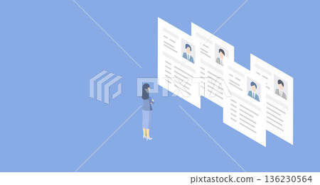 人力資源女性和履歷。尋找人才的等距向量插圖。文件篩選、招募、求職場景。 136230564