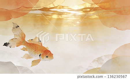 日式插畫背景素材,描繪了金魚在水面上游動的場景。 日式插畫背景素材,描繪了金魚在水面上游動的場景。 136230567
