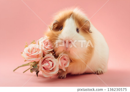Cute Valentine's Day and Anniversary Photo of a Guinea Pig Holding a Bouquet of Flowers Cute Valentine's Day and Anniversary Photo of a Guinea Pig Holding a Bouquet of Flowers 136230575