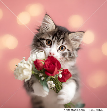 Cute Valentine's and Anniversary Photo of a Kitten Holding a Bouquet of Flowers 136230669