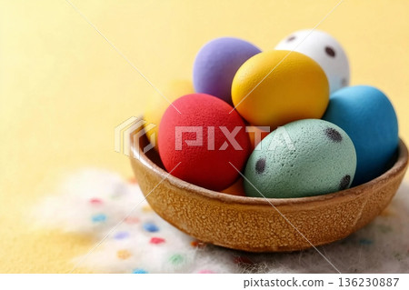 Happy Easter eggs in a bowl on dot yellow color background. Easter decoration Selective focus. Happy Easter eggs in a bowl on dot yellow color background. Easter decoration Selective focus. 136230887