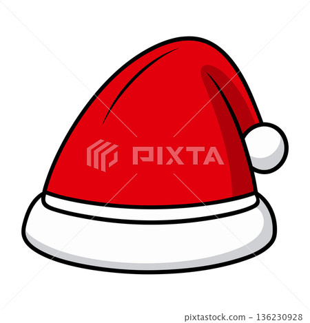 Festive Santa Claus hat with a fluffy pompom isolated object 136230928
