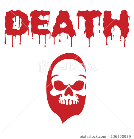 Grim reaper skull and death text in bloody red color illustration 136230929