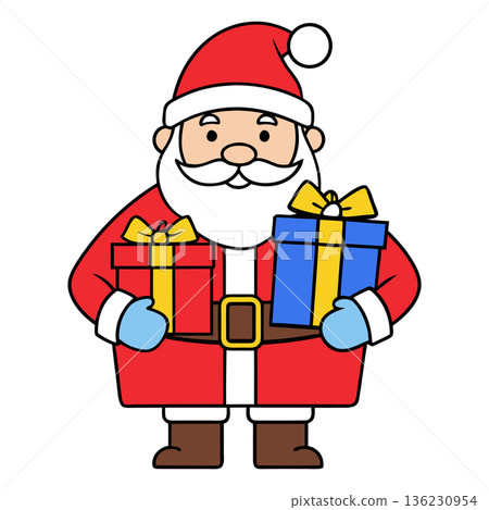 Santa Claus cartoon character holding Christmas presents for a joyful holiday Santa Claus cartoon character holding Christmas presents for a joyful holiday 136230954
