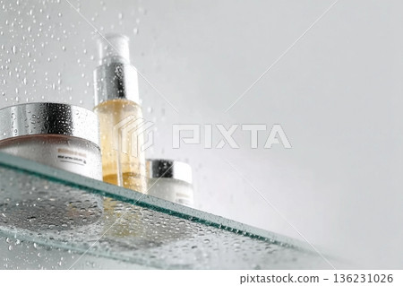 Glass tubes of cosmetic product with serum and cream on a glass shelf and water drops on a white background, bottom view. Skin care concept 136231026