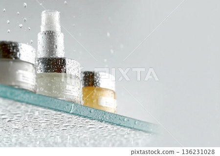 Glass tubes of cosmetic product with serum and cream on a glass shelf and water drops on a white background, bottom view. Skin care concept Glass tubes of cosmetic product with serum and cream on a glass shelf and water drops on a white background, bottom view. Skin care concept 136231028