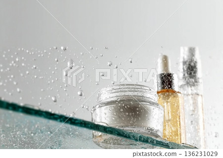 Glass tubes of cosmetic product with serum and cream on a glass shelf and water drops on a white background, bottom view. Skin care concept Glass tubes of cosmetic product with serum and cream on a glass shelf and water drops on a white background, bottom view. Skin care concept 136231029