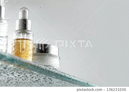 Glass tubes of cosmetic product with serum and cream on a glass shelf and water drops on a white background, bottom view. Skin care concept Glass tubes of cosmetic product with serum and cream on a glass shelf and water drops on a white background, bottom view. Skin care concept 136231030