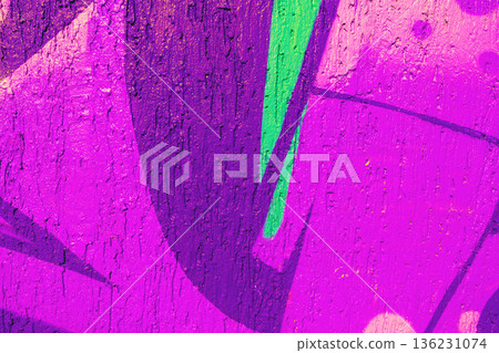 Abstract Purple and Green Graffiti on Textured Wall with 90s Neon and Acid Style 136231074