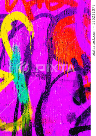 Abstract Graffiti Wall - Neon Yellow, Aqua Blue, Bright Orange, Purple Spray Paint, 90s Street Art 136231075