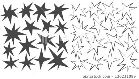 Doodle star icons sketched by hand with irregular lines. Freehand sparkles and cute shapes add whimsy to space-themed illustrations, cartoons and retro graphic elements. Vector 136231099