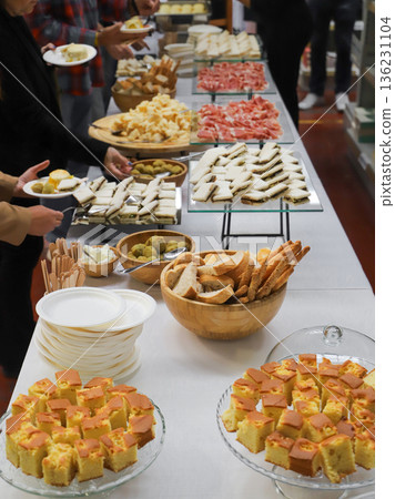 catering buffet for events with food and drinks. close-up of a buffet with appetizers 136231104