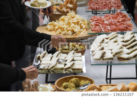 catering buffet for events with food and drinks. close-up of a buffet with appetizers 136231107