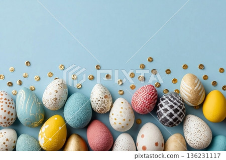 Assorted colored decorative Easter eggs laid out on a light blue surface, with various patterns and textures Assorted colored decorative Easter eggs laid out on a light blue surface, with various patterns and textures 136231117