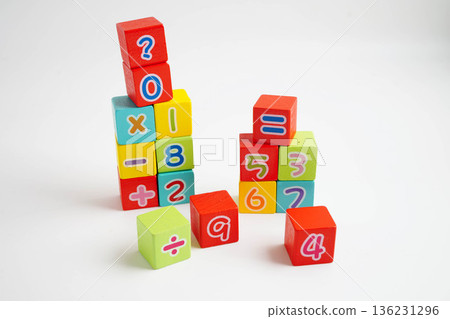 Number wood block cubes for learning Mathematic, education math. 136231296