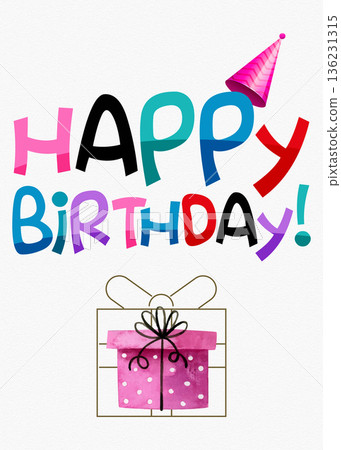 Bright and cheerful happy birthday graphic illustration with pink gift box Bright and cheerful happy birthday graphic illustration with pink gift box 136231315