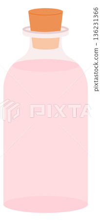 Bottle with wooden cork. Pink liquid container icon 136231366