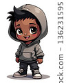 Cute cartoon little boy wearing a grey hoodie and black pants standing on white background, adorable male child character vector illustration isolated for design and mascot. 136231595