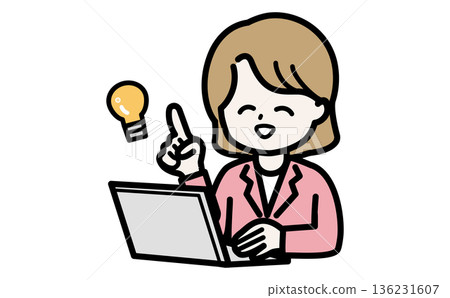 A female office worker gently explains online, pointing at the PC screen. Web conference and customer support materials. A female office worker gently explains online, pointing at the PC screen. Web conference and customer support materials. 136231607