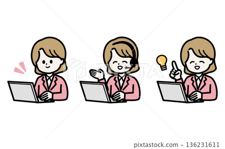 A set of three illustrations of a woman doing office work on a laptop. Illustration material for teleworking and working from home. 136231611