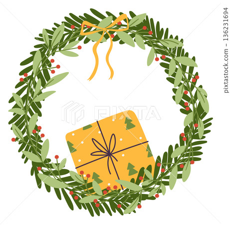 Present in christmas wreath. Tree branch holiday decoration 136231694