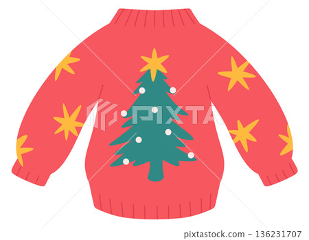 Christmas tree sweater. Red knitted pullover icon Christmas tree sweater. Red knitted pullover icon 136231707