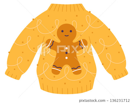 Yellow sweater with gingerbread man. Christmas pullover icon 136231712