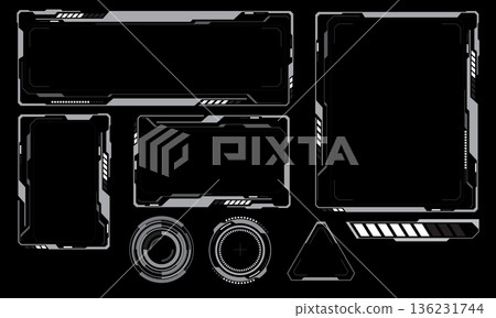 HUD frames grey user interface elements design modern technology futuristic control panel screen digital hologram window gaming menu touching cyber monitor set on black background vector HUD frames grey user interface elements design modern technology futuristic control panel screen digital hologram window gaming menu touching cyber monitor set on black background vector 136231744