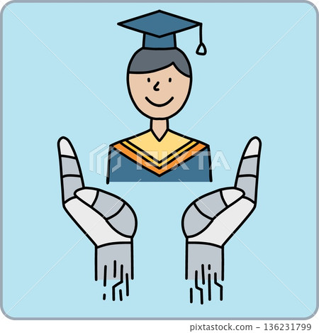 Graduation concept with a student and robotic hands supporting. vector illustration in color line 136231799