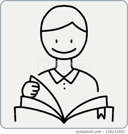 Smiling person reading a book with an open page. doodle hand drawn vector line style Smiling person reading a book with an open page. doodle hand drawn vector line style 136231801