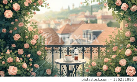 A coffee table on a balcony surrounded by flowers - A soothing illustration for a message card A coffee table on a balcony surrounded by flowers - A soothing illustration for a message card 136231996