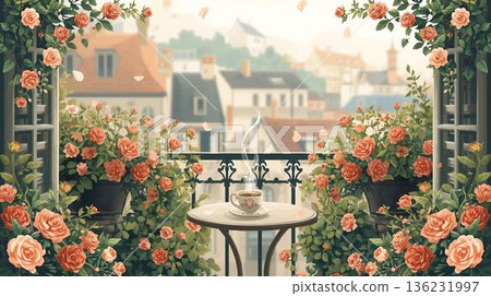 A flowering balcony and coffee - A soothing illustration that can be used as a web background A flowering balcony and coffee - A soothing illustration that can be used as a web background 136231997