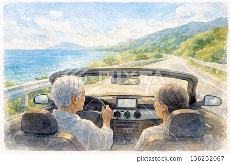 日本老年人在敞篷車上享受微風 136232067