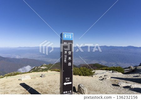 中阿爾卑斯山脈宇津木山(海拔2864公尺)山頂標誌牌以及下方壯麗的景色 中阿爾卑斯山脈宇津木山(海拔2864公尺)山頂標誌牌以及下方壯麗的景色 136232156