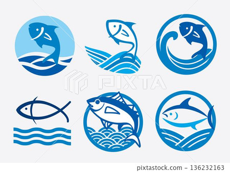 Wave, sea, fish logo mark set Wave, sea, fish logo mark set 136232163