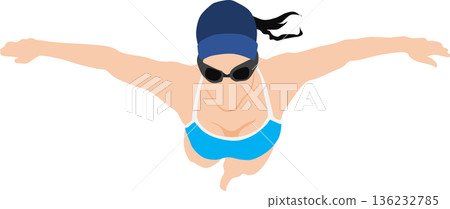描繪一位女性正在進行蝶泳的插圖 136232785