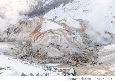 Steaming volcanic hills and geothermal stream in Jigokudani winter Steaming volcanic hills and geothermal stream in Jigokudani winter 136232803