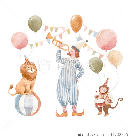 Watercolor Circus Illustration with Clowns and Animals, Cute Baby Party Nursery Art 136232825