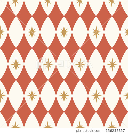 Seamless harlequin red diamond pattern in vintage circus style with playful geometric shapes and star elements. Retro background inspired by carnival and party themes, perfect for baby nursery decor 136232837