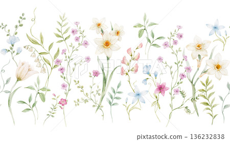 Seamless horizontal watercolor floral border pattern with delicate spring flowers and greenery. Hand painted botanical design arranged as a continuous floral border, perfect for wallpaper, fabric 136232838