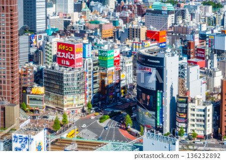 從空中俯瞰新宿站東口靖國通和Yunika Vision的街道。 從空中俯瞰新宿站東口靖國通和Yunika Vision的街道。 136232892