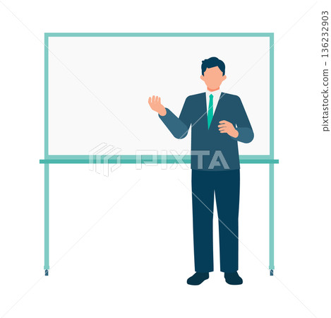 全身插圖，描繪一名男子指著白板進行解說。適用於簡報。 136232903